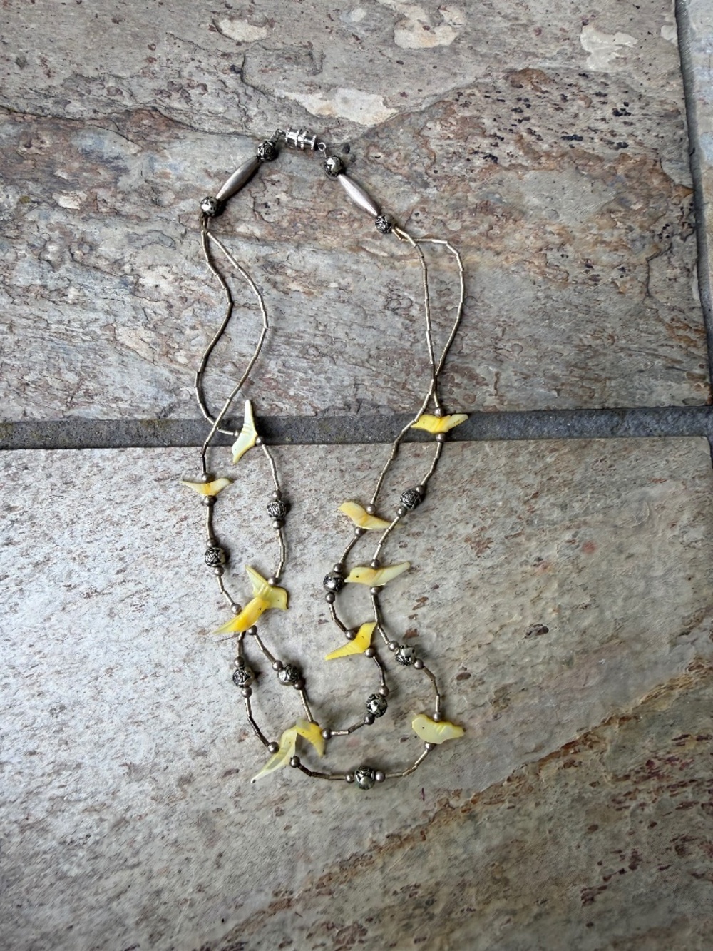 Vintage Native American Two Strand Bird Fetish Necklace Liquid Silver Beading.